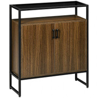 BUFFET CABINET, GLASS TABLETOP ACCENT SIDEBOARD WITH STORAGE CABINET AND OPEN SHELF