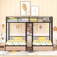 Mason & Marbles Full Over Twin & Twin Triple Bunk Bed With Drawers, Multi-Functional Metal Frame Bed With Desks And Shel