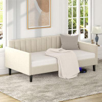Latitude Run® Marlasia Twin Size Beige Velvet Upholstered Daybed, Ribbed Tufted Backrest, Daybed in Modern Design
