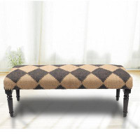 Gracie Oaks Covington Modern Country / Farmhouse Tan/Black Checkered Jute Handmade Upholstered Bench