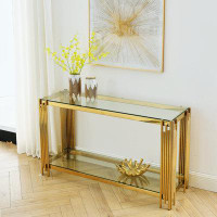Everly Quinn Glass Console Table, Sofa Table With Sturdy Metal Frame And Clear Tempered Glass Top