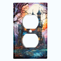 WorldAcc Metal Light Switch Plate Outlet Cover (Halloween Spooky Sunset Manor - Single Duplex)
