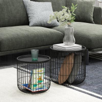 17 Stories Nesting Coffee Tables, Round Coffee Table Set Of 2 With Steel Wired Basket Body And Removable Top, Stacking E
