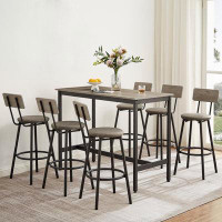 Williston Forge Bar High Dining Table 7-Piece Set, Industrial Style Bar Table, 6 Pu Leather Bar Chair Grey