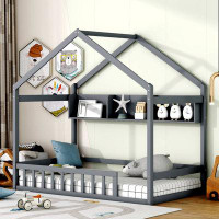 Harper Orchard Wooden House Bed With Storage Shelf,Kids Bed With Fence And Roof