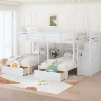 Harriet Bee Modern Full Over Twin & Twin Bunk Bed, Wood Triple Kids Full Bunk Bed with Drawers and Guardrails