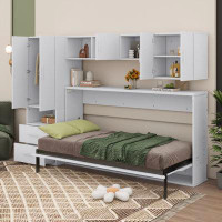 Latitude Run® Twin Size Murphy Bed With Open Shelves, Drawers Andbuilt-In Wardrobe And Table