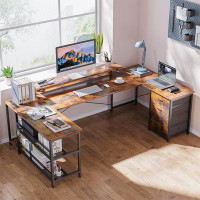 17 Stories U Shaped Writing Gaming Desk With Drawers, Home Office Desk With Adjustable Heights Monitor Stand, Reversible