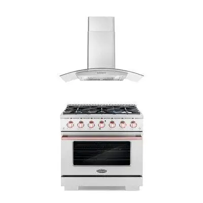 Cosmo 2 Piece Kitchen Package With 36" Freestanding Gas Range With Custom Handle And Knob Kit 36" Wall Mount Range Hood