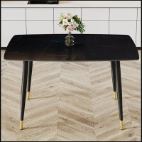 Ebern Designs Modern minimalist dining table. Black sintered stone tabletop with golden stripe pattern