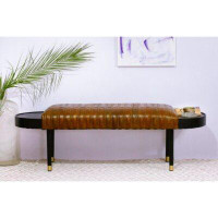 Everly Quinn Warm Brown Leather And Solid Wood Bench