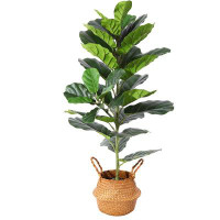 Primrue Artificial Fiddle Leaf Fig Plants 39 Inch Fake Ficus Lyrata Tree With 32 Leaves In Pot And Woven Seagrass Belly