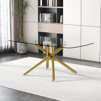 Mercer41 Large Modern Minimalist Rectangular Glass Dining Table For 6-8 With 0.39" Tempered Glass Tabletop And Golden Pl