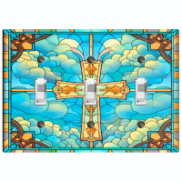 WorldAcc Metal Light Switch Plate Outlet Cover (Religious Cross Blue Cloud Frame - Triple Toggle)