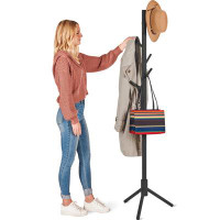 Latitude Run® Space-Saving Grey Wood Coat Rack Stand With Adjustable Heights And Heavy-Duty Hooks
