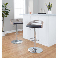 LumiSource Cassis Mid-Century Modern Adjustable Barstool With Swivel In Chrome Metal, Black Faux Leather With Light Grey