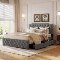 Alcott Hill Upholstered Platform Bed With 2 Drawers And 2 Sets Of USB Ports On Each Side, Linen Fabric