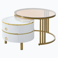 Wenty 27.5'' & 19.6'' Stackable Coffee Table With 2 Drawers, Nesting Tables With Brown Tempered Glass And High Gloss Mar