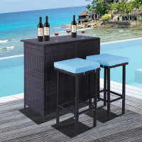 Arlmont & Co. All-weather 3-piece Patio Bar Set: 1 Table & 2 Stools With Cushions, Pe Rattan & Steel - Brown & Blue