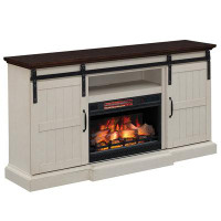 ClassicFlame Hogan 66-In Electric Fireplace Rustic TV Stand in Weathered White w/ Barn Doors - Farmhouse Style