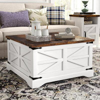 Ivy Bronx Farmhouse Coffee Table, Square Wooden Centre Table With Storage Space, Modern Style