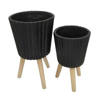 Union Rustic Charmain 2 Pieces Black Ridged Magnesia Planter with Beech Wood Legs for Living Room, Patio, or Garden