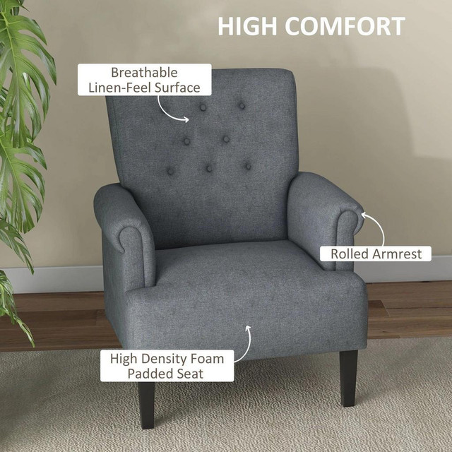 ARMCHAIR, FABRIC ACCENT CHAIR, MODERN LIVING ROOM CHAIR WITH WOOD LEGS AND ROLLED ARMS FOR BEDROOM, GREY in Chairs & Recliners - Image 3