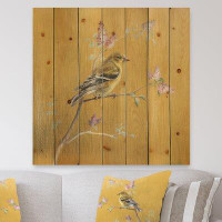 East Urban Home Gold Bird on Blossoms III - Farmhouse Print on Natural Pine Wood