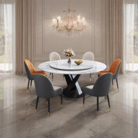 Everly Quinn Italian light luxury sintered stone dining table set with turntable (1 table and 6 style-A chairs)