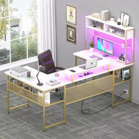 Inbox Zero Makynlie 82.7'' U-Shaped Computer Desk with LED Strips & Hutch, Home office Desk with Monitor Stand
