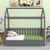 Harper Orchard Twin Size House Bed With Trundle, Fence-Shaped Guardrail