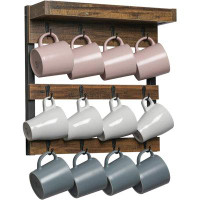 Millwood Pines Coffee Mug Rack Wall Mounted, Rustic Wood Cups Rack With 12 Hooks And Storage Shelf, For Home Kitchen Dis