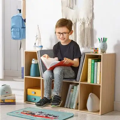 Latitude Run® 6-Cubby Kids Bookcase with Reading Nook and Cushion