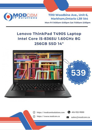 Lenovo ThinkPad T490S 14-Inch Laptop OFF Lease FOR SALE!!! Intel Core i5-8365U 1.60GHz 8GB RAM 256GB SSD Canada Preview