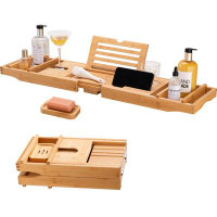 Rebrilliant Bathtub Caddy Tray Foldable Bamboo Bath Table Tray, Expandable Bathroom Accessories,Natural(Foldable)