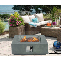 Arlmont & Co. Outdoor Propane Burning Fire Fit, Square Dark Green Patio Fire Table 50,000 BTU W Lava Rocks, Glass Wind G