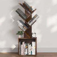 Millwood Pines Floor Standing Tree Bookshelf, 4 Tier Small Bookcase With Large Drawer, Bookshelves Organizer For Cds/Mov