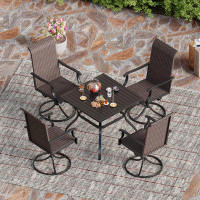 Lark Manor Outdoor Dining Table Set 37" Steel Slat Patio Table With Umbrella Hole 4 High Back Rattan Swivel Chairs Patio