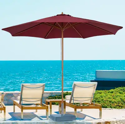 10ft Round Umbrella Canopy Parasol for Patio Deck Garden Sun Shade, Bamboo, Wood - Wine Red