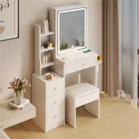 Ebern Designs Small Size Left Bedside Cabinet Vanity Table + Cushioned Stool, 2 AC+2 USB Power Station, Hair Dryer Brack