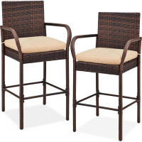 Latitude Run® Set Of 2 Wicker Bar Stools, Indoor Outdoor Bar Height Chairs W/Cushion, Footrests, Armrests For Backyard,