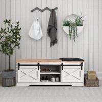 Gracie Oaks Rustic Minimalist Designed Wooden Bench With Barn Doors And Seat Cushion, For Entryway