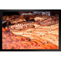 Ebern Designs BBQ Barbecue Ribs And Sausages Smoking Over The Pit Photo Art Print Black Wood Framed Poster 20X14 - Print