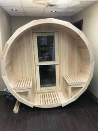hemlock barrel sauna 5.9x5.9feet, $4499; and 5.9x 7.9 feet, $4799; for sale,  in stock in Edmonton and Vancouver