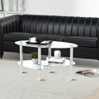 Wrought Studio Modern Minimalist Design Oval Coffee Table With Metal Legs, Glass Top And Glass Shelves, For Indoor Use