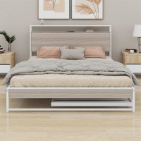 17 Stories Queen Size Metal Platform Bed Frame With Trundle, USB Ports And Slat Support