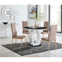 East Urban Home Scottsmoor Halo Round Dining Table Set in Modern High Gloss with 4 Luxury Faux Leather Dining Chairs
