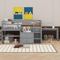 Harriet Bee Full Size Loft Bed With Desk And Drawers, Wooden Loft Bed With Lateral Portable Desk
