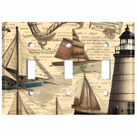 WorldAcc Metal Light Switch Plate Outlet Cover (Rustic Light House Nautical Boat - Triple Toggle)