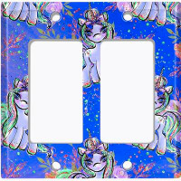 WorldAcc Metal Light Switch Plate Outlet Cover (Fantasy Unicorns Purple Leaves  - Double Rocker)